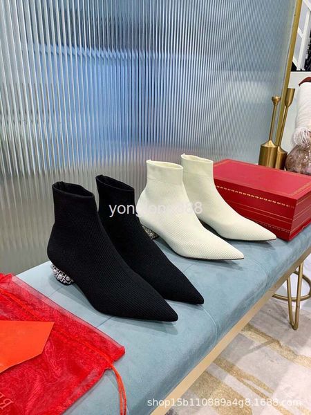 

dress shoes short boots women's pointed thick heels autumn high middle shoes elastic single socks, Black