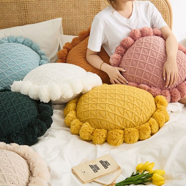 

Dropshipping New Decorative Home Pillows Retro creative bed knitted woven wool futon pillow sand plain ball cushion throw pillow