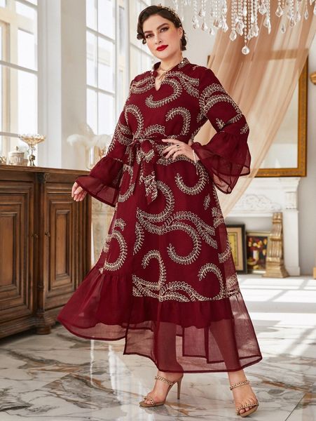 

plus random plant embroidered trumpet sleeve ruffle hem belted dress g0o8#, Black