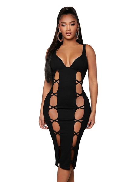 

sxy cut out crisscross front slit back bodycon dress g5xr#, Black;gray
