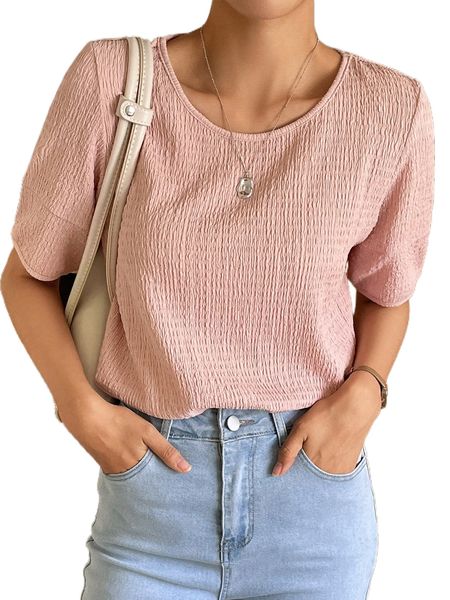 

dazy textured round neck blouse g9i6#, White