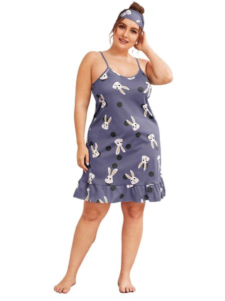 

plus ruffle hem rabbit print cami dress with eye cover f0tr#, Black;white