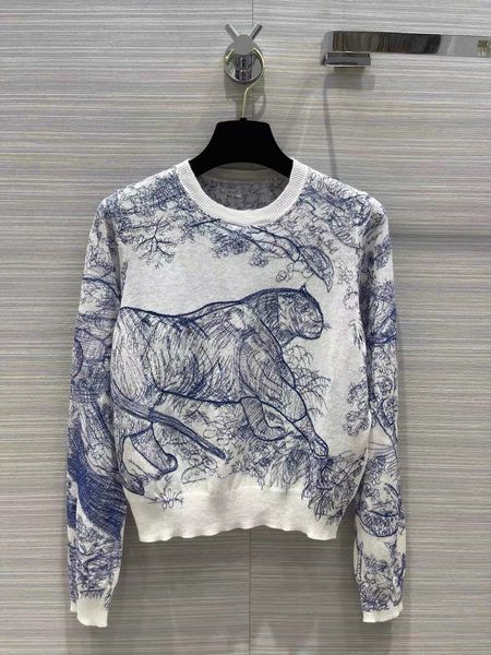 

luxury women casual style jungle sweater animal pattern embroidered cashmere knit classic crew neck design brand clothing, White;black