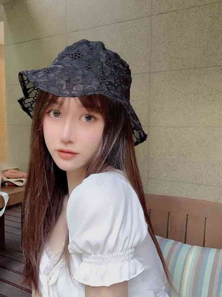 

women's lace flower bucket hat korean hollow mesh transparent panama female floppy hat ladies soft summer sun fisherman hats y220702, Blue;gray
