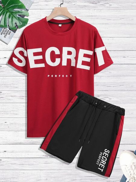 

men letter graphic tee & drawstring waist shorts p2e4#, Gray