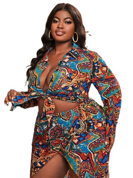 

sxy plus allover print patched pocket blouse d40p#, Black