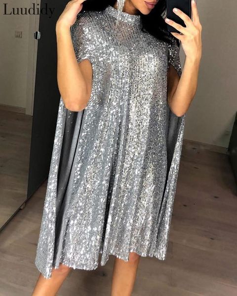 

casual dresses plus size xxl party sequin glitter dress mock neck cape design sequins cloak sleeves, Black;gray