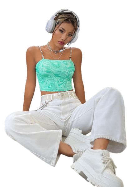 

marble print chain detail crop cami 79un#, White