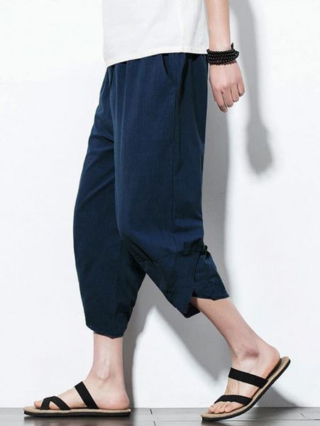 

men slant pocket drawstring waist capris pants t7rh#, Black