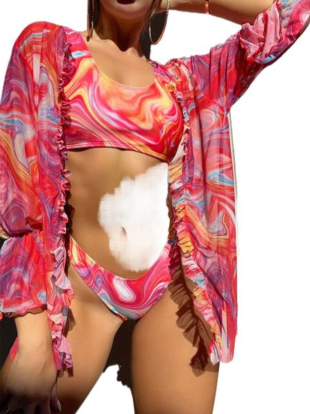 

3pack fluid pattern bikini swimsuit & kimono s8kj#, White;black
