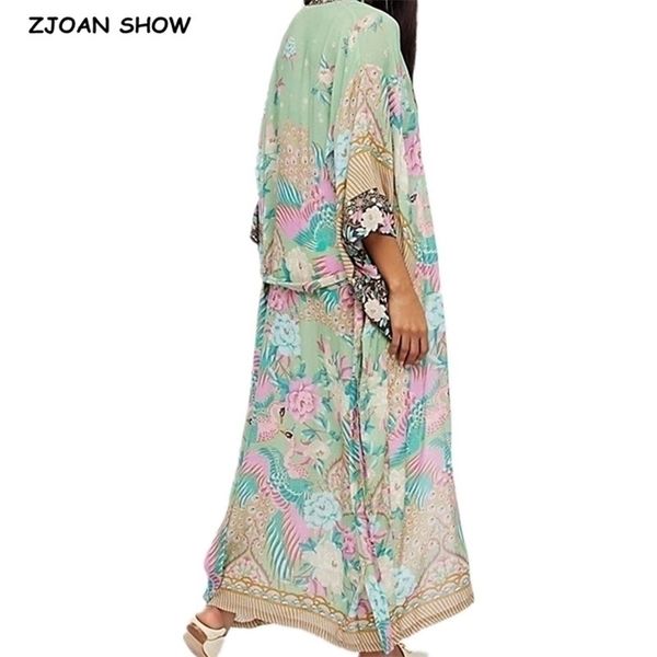 

bohemian v neck peacock flower print long kimono shirt ethnic lacing up with sashes long cardigan loose blouse femme 210326, White