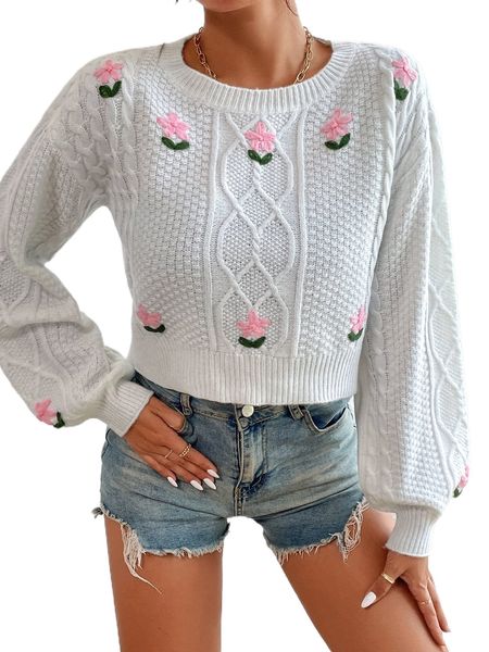 

floral pattern cable knit drop shoulder sweater b2uc#, White;black