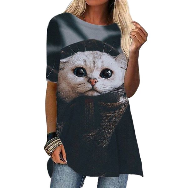 

women's t shirt dress tee dress short mini dress green blue gray half sleeve cat animal print spring summer round neck stylish casual, Black;gray