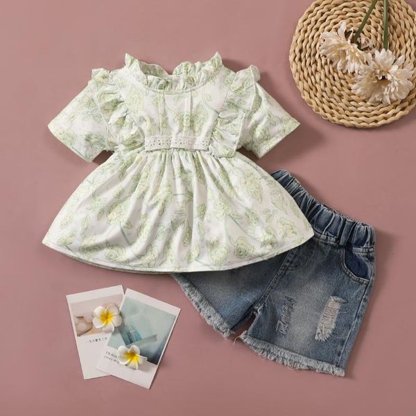 Kleidungssets Sommermode Lässige Babykleidung Set Kinder Säugling Mädchen Kurzarm Blumendruck T-Shirt Top + Jeansshorts Outfits