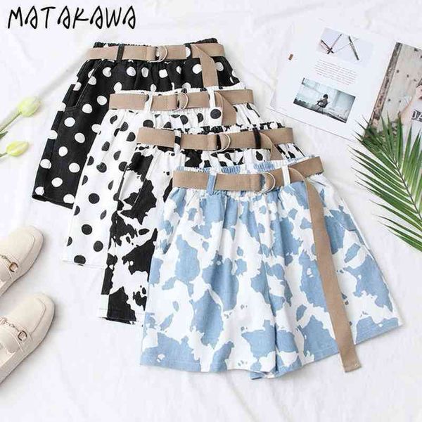 

summer japanese women jean shorts wave point print loose straightleg denim with belt 210506, White;black