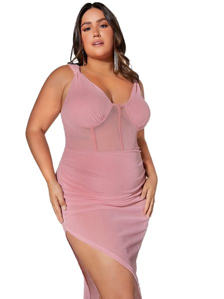 

plus sheer mesh insert split thigh glitter dress 98jc#, Black