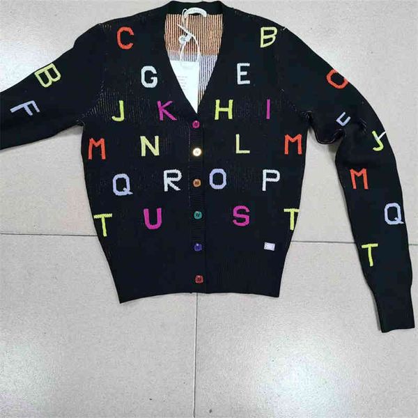 

women's hoodies sweatshirts high version women's knitted cardigan spring and autumn letter jacquard slim temperament v-neck top, Black