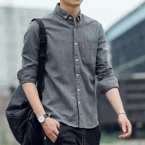 Camicie stile coreano Moda cotone Casual allentato Autunno Harajuku Camicia a maniche lunghe a righe Chemise Homme Abbigliamento uomo DB60SH Eldd22