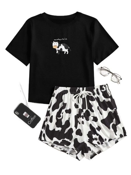

cartoon & letter graphic pajama set i9a7#, Black;red