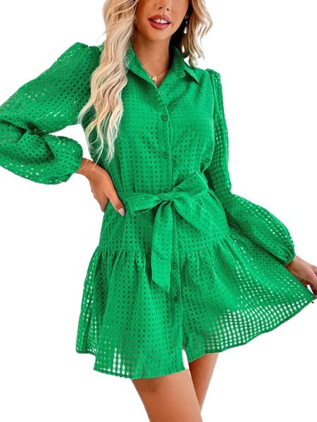 

puff sleeve ruffle hem belted shirt dress m7hp#, Black;gray