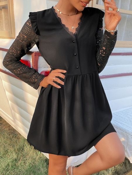 

guipure lace insert frill trim smock dress t9aw#, Black;gray
