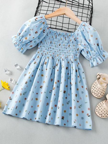 

toddler girls ditsy floral print puff sleeve shirred dress she01, Red;yellow