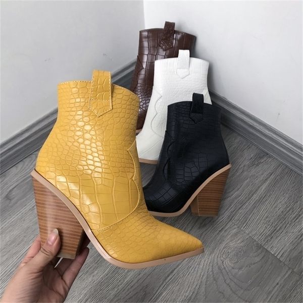 

black white brown yellow autumn winter ankle boots for women western cowboy boots woman wedge high heel boots pointed toe 201106