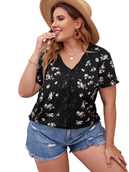 

plus floral print guipure lace panel blouse v72s#, Black