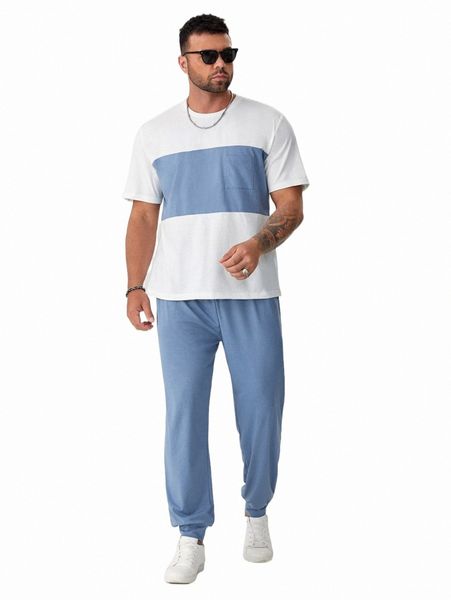 

extended sizes men two tone pocket front tee & sweatpants z97o#, Gray