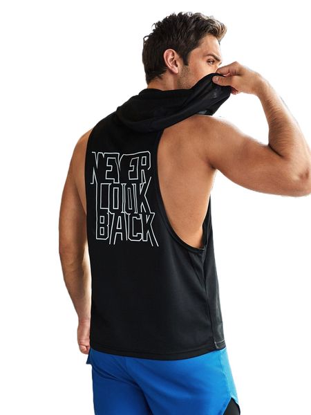

men slogan graphic drawstring hooded sports tank l7co#, White;black
