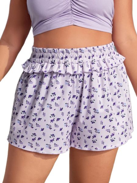 

plus ditsy floral print ruffle trim shorts 933j#, Black