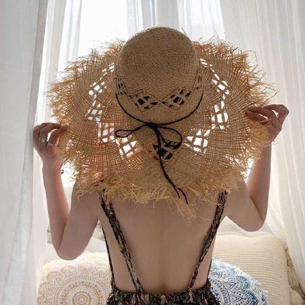 Kadın yaz doğal rafya hasır kız moda şerit disket gölgeleme Panama geniş kenarlı güneş kızları tatil plaj şapkası