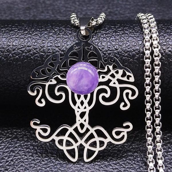 Anhänger Halsketten Mode Mody Irish Knot Tree of Life Edelstahl lila Kristallketten Halskette Frauen Silber Farbe Schmuck Colliers N4429S04