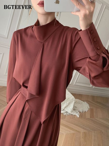 

bgteever stylish stand collar women dress long sleeve slim belted female a-line dress 2022 spring elegant ladies vestidos, Black;gray