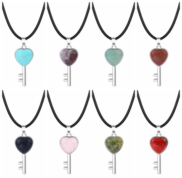 

love heart key gemstone pendant necklace 18inch black cord for women men birthstone healing chakra crystal quartz jewelry, Silver