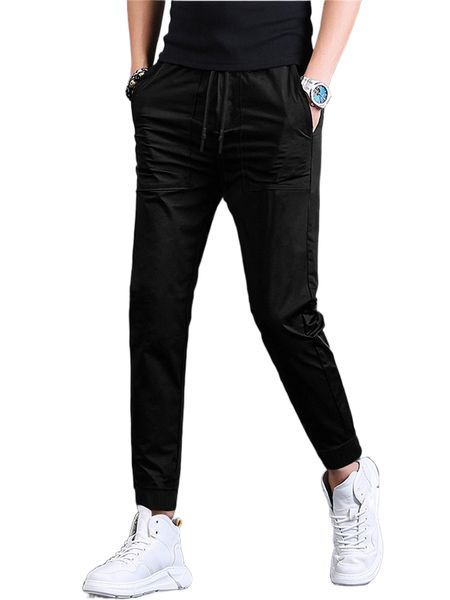 

men drawstring waist solid tapered pants n9kd#, Black