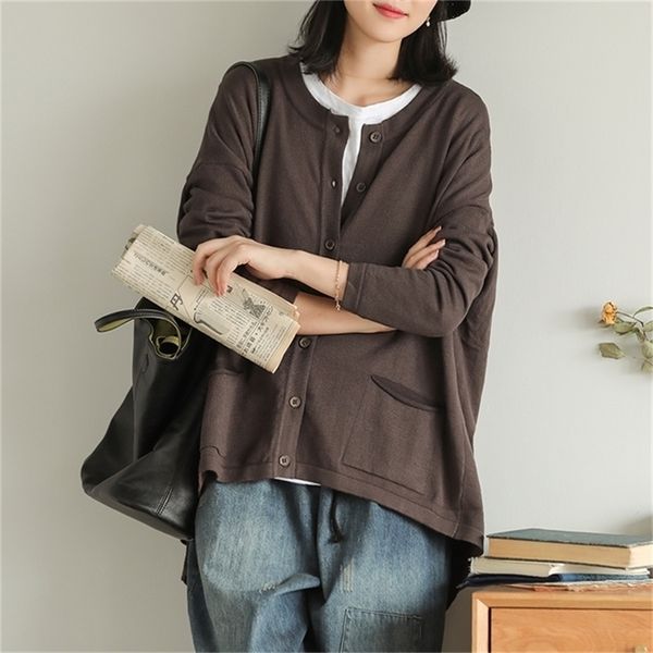 

johnature vintage o-neck pockets single breasted knitted solid women sweaters 2020 autumn new long sleeve women sweaters lj201124, White;black