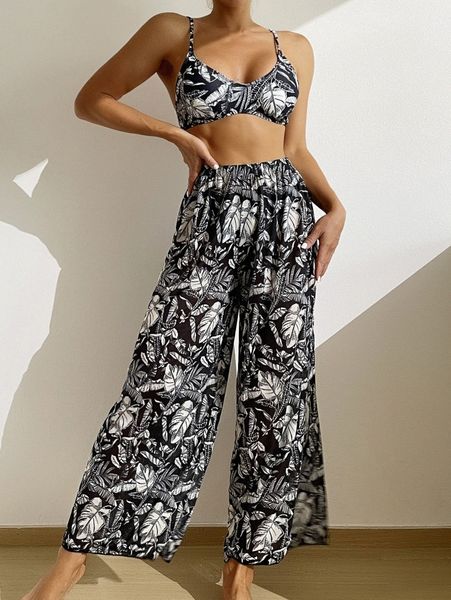 

plant print bikini swimsuit with cover up b1wt#, White;black