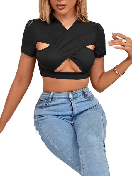 

sxy cut out crisscross front crop o1ft#, White
