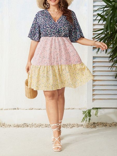 

plus ditsy floral colorblock dress 70eo#, Black