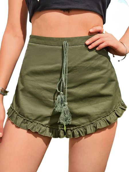 

tassel tie waist ruffle hem shorts y4cg#, White;black