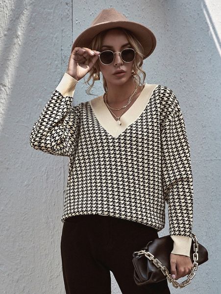 

v-neck drop shoulder houndstooth pattern sweater o4zr#, White;black