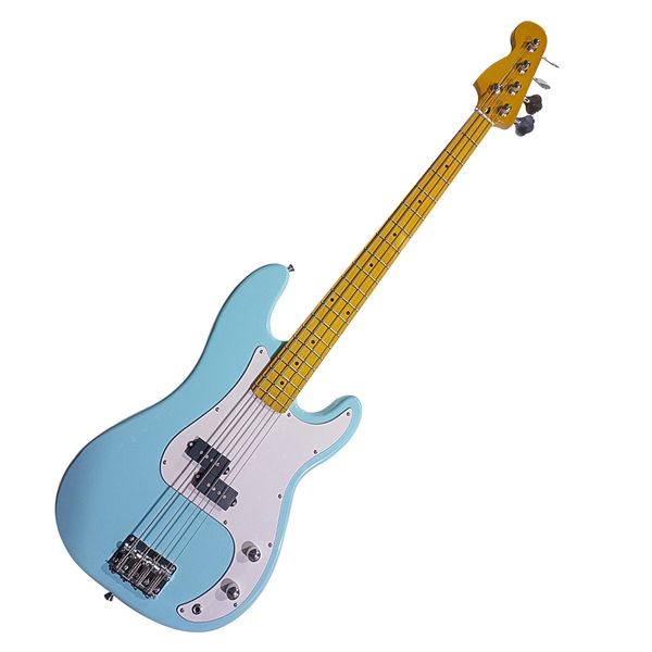 

4 strings blue electric bass guitar with yellow maple fretboard