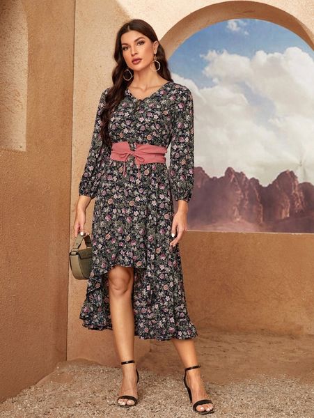 

ditsy floral high low a-line dress r9mn#, Black;gray