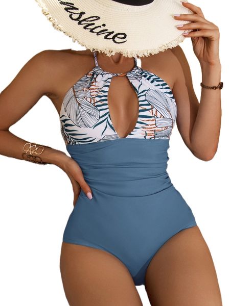 

tropical print ruched halter one piece swimsuit p9nu#, White;black