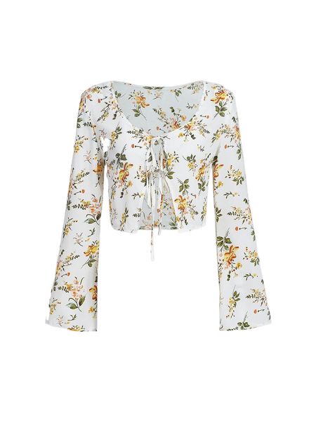 

mod floral print tie front bell sleeve crop blouse u4ut#, White