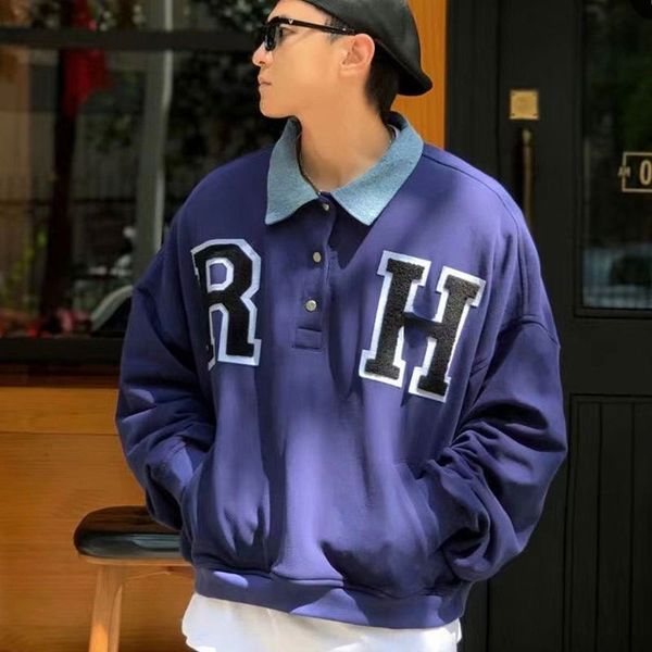 

correct version rhe letter paste cloth towel embroidered high street retro cowboy collar stitched sweater for men and women in winter, Black