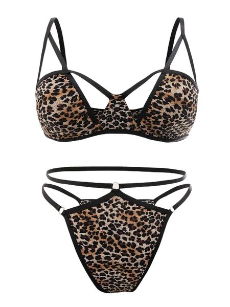 

plus leopard contrast binding cut out underwire lingerie set k2rp#, Black;white