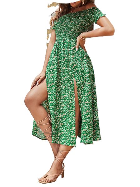 

ditsy floral off shoulder shirred split thigh dress m8qz#, Black;gray