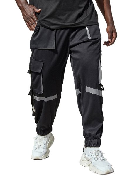

extended sizes men contrast panel patch detail cargo pants h85b#, Black